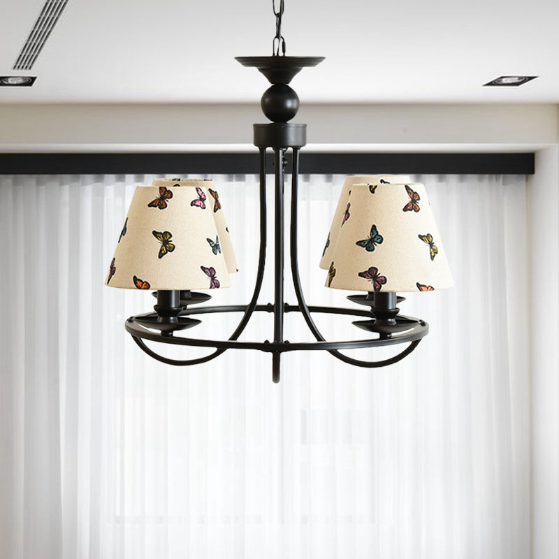 Modern 4-Light Black Fabric Tapered Shade Chandelier For Kids Bedroom Ceiling Pendant Beige /