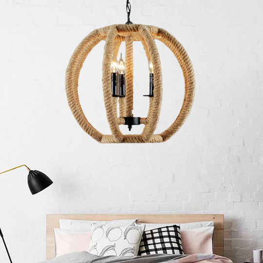 Industrial Beige Rope Pendant Light Fixture - 3-Light Globe Chandelier for Dining Room