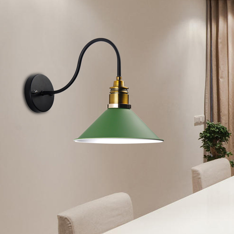 Industrial Metal Cone Pendant Light - Bronze/Black/White Hanging Lamp With Curved Arm Green