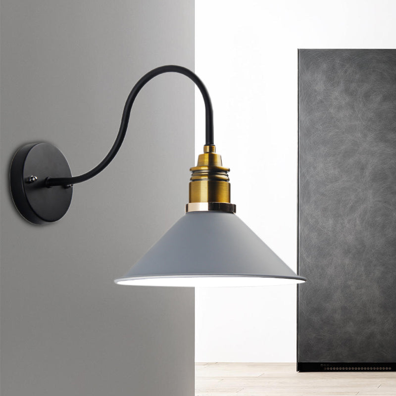 Industrial Metal Cone Pendant Light - Bronze/Black/White Hanging Lamp With Curved Arm Grey