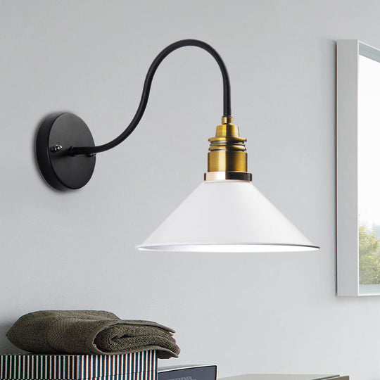 Industrial Metal Cone Pendant Light - Bronze/Black/White Hanging Lamp With Curved Arm White