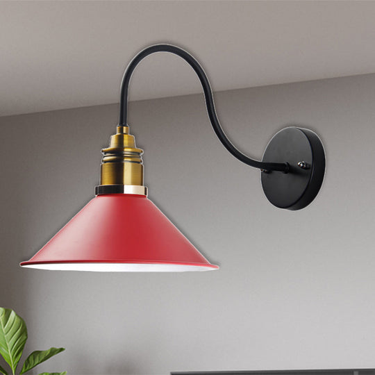 Industrial Metal Cone Pendant Light - Bronze/Black/White Hanging Lamp With Curved Arm Red