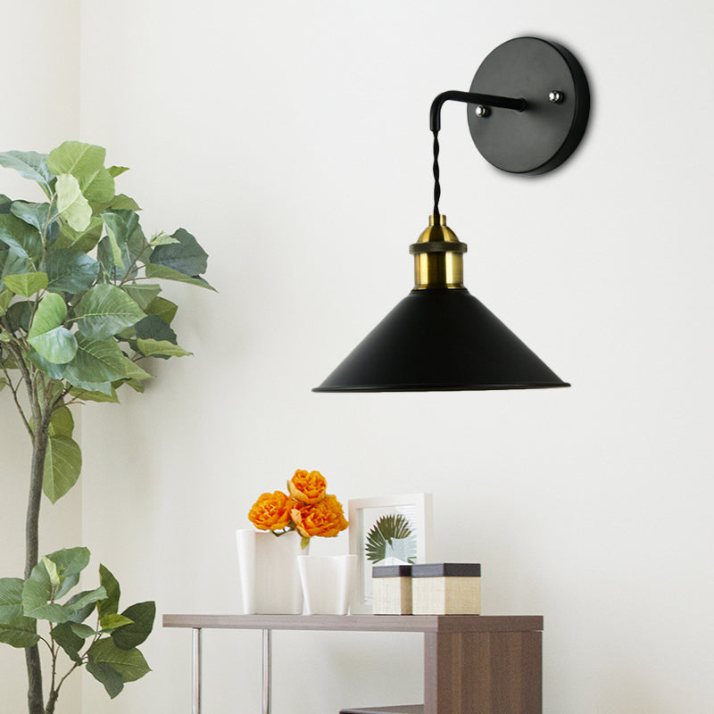 Metal Sconce Lighting - Cone Shade Industrial Wall Mounted Lamp In Black/Grey/White Black
