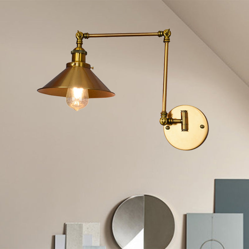 Brass Indoor Sconce Lighting Fixture With Cone Shade - Single Bulb Wall Light