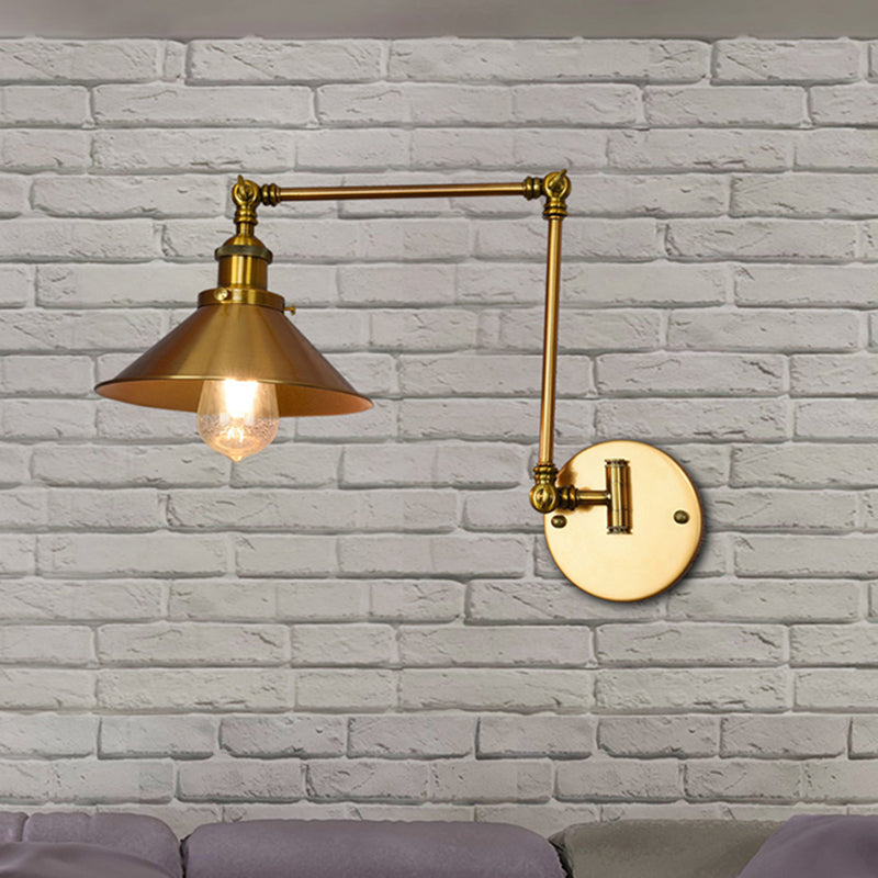 Brass Indoor Sconce Lighting Fixture With Cone Shade - Single Bulb Wall Light