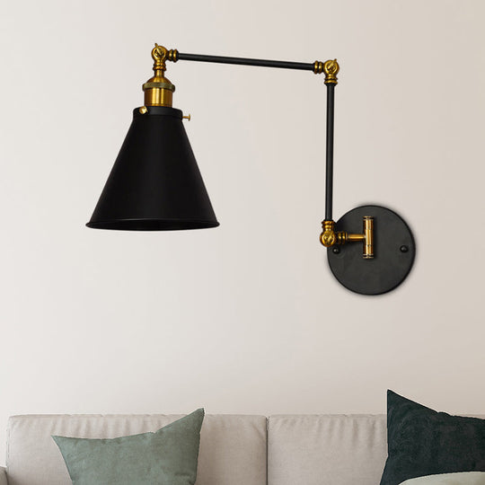 Industrial Metal Cone Shade Sconce Light - Black One-Light Wall Fixture For Living Room