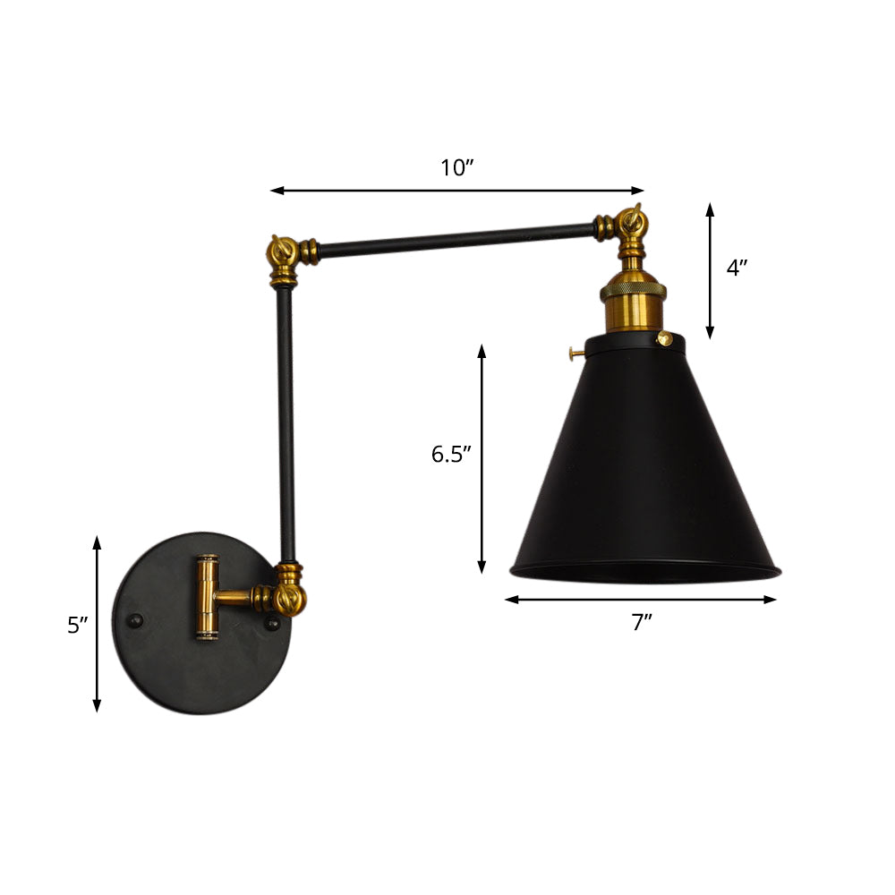 Industrial Metal Cone Shade Sconce Light - Black One-Light Wall Fixture For Living Room