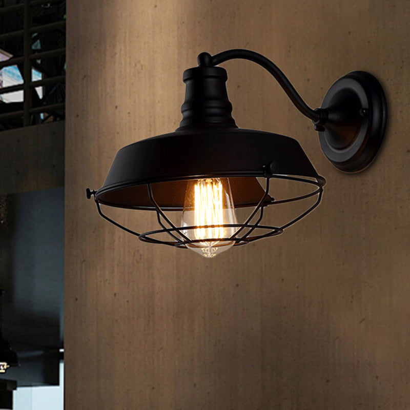 Industrial Indoor Wall Sconce - Barn Metal Single Bulb Lamp In Black/Rust With Cage Black