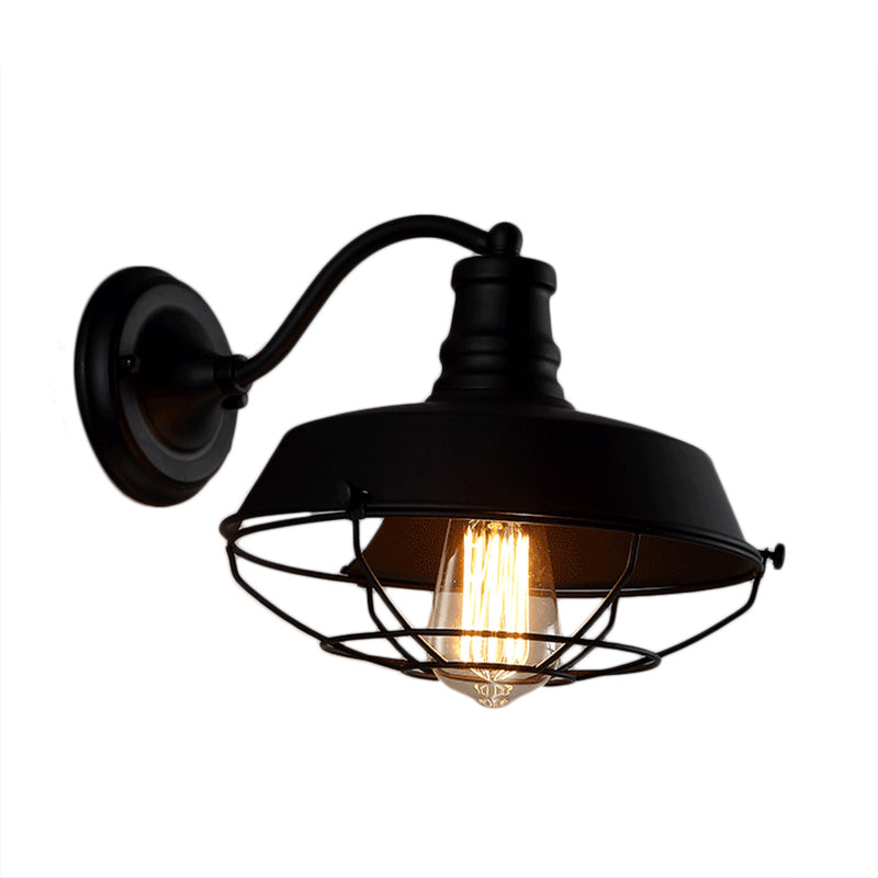 Industrial Indoor Wall Sconce - Barn Metal Single Bulb Lamp In Black/Rust With Cage