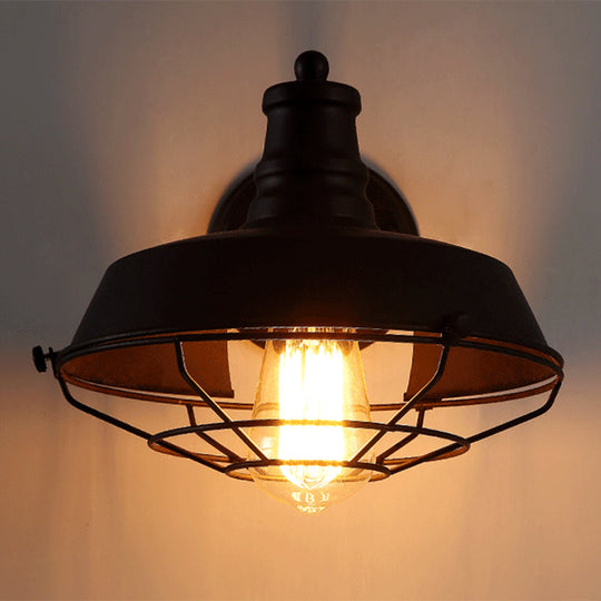 Industrial Indoor Wall Sconce - Barn Metal Single Bulb Lamp In Black/Rust With Cage Rust