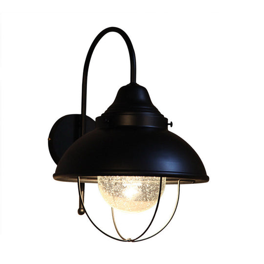 Industrial Cone Seeded Glass Wall Light In Black - Outdoor Sconce Lighting Fixture With Cage