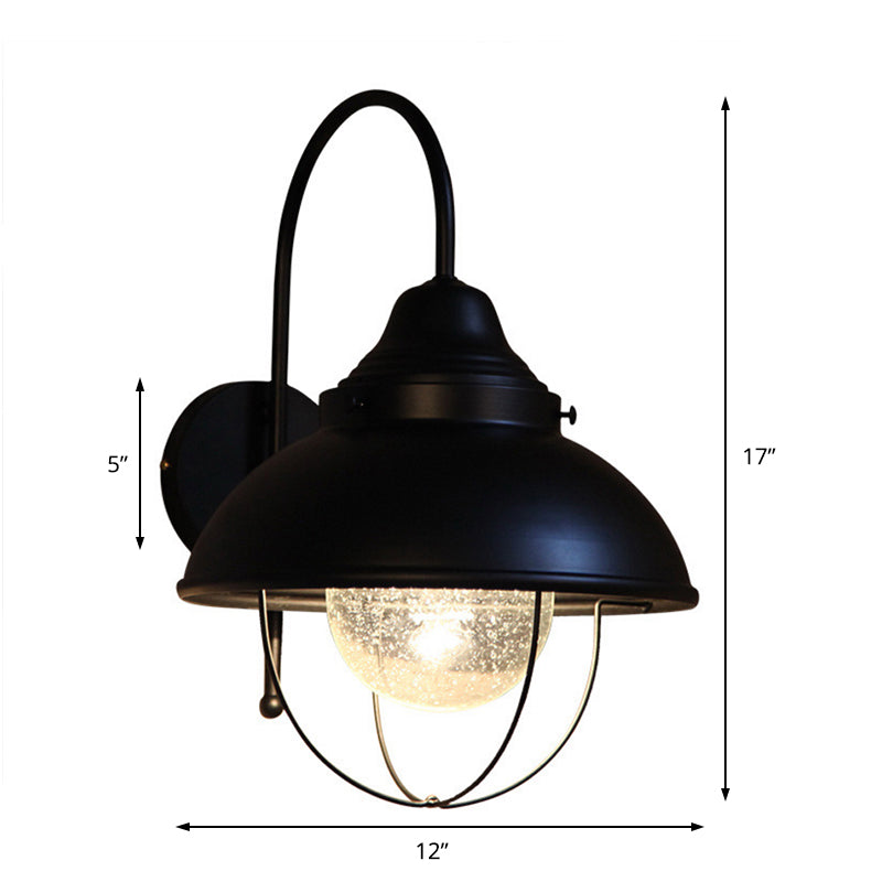 Industrial Cone Seeded Glass Wall Light In Black - Outdoor Sconce Lighting Fixture With Cage