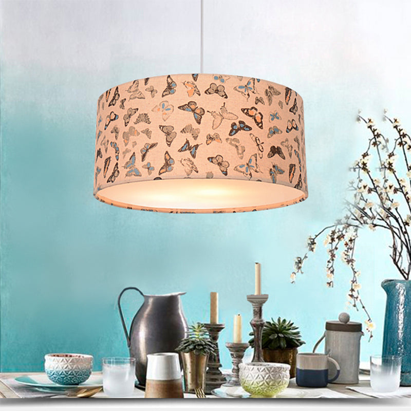 Modern Fabric Drum Hanging Light For Kids Bedroom - Child-Friendly Suspension Beige / 12 Butterfly