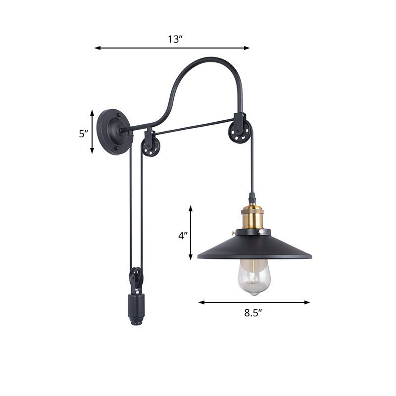 Black Metal Sconce Lighting - Industrial Single Bulb Wall Mounted Lamp With Pulley For Dining Room