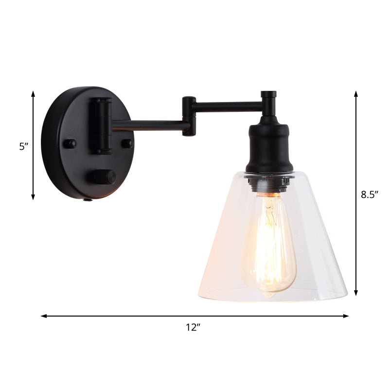 Industrial Indoor Wall Sconce With Clear Glass Cone Shade - Black Finish