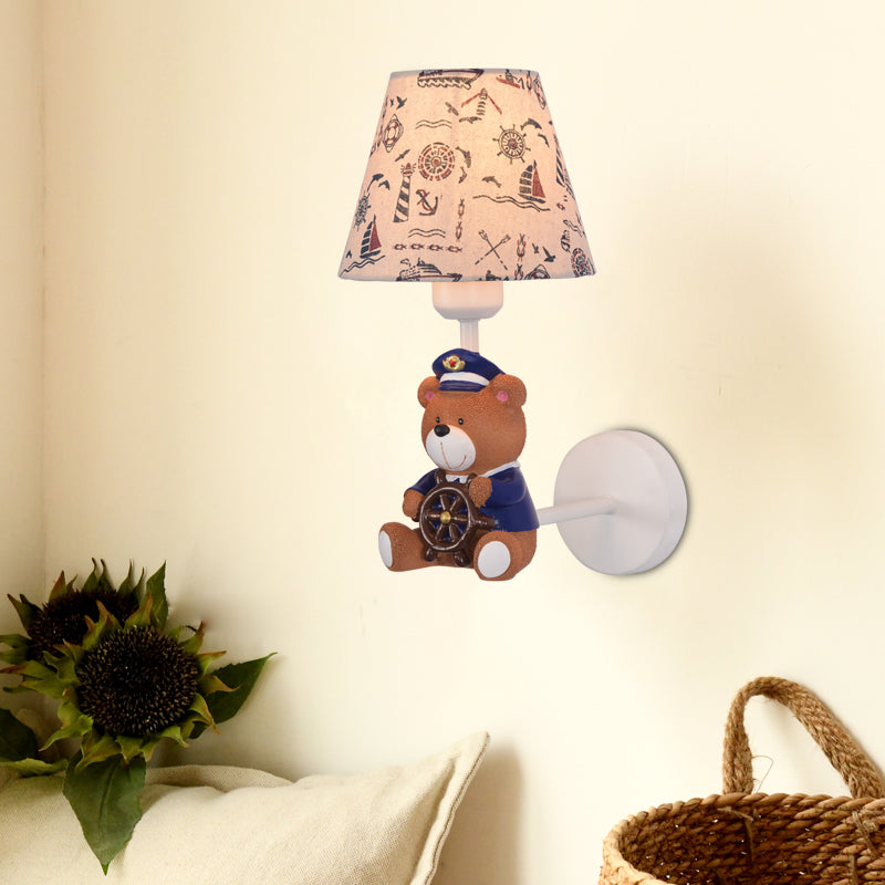 Adorable Bear Wall Light For Kids Bedrooms: Tapered Shade One Resin Sconce In Beige