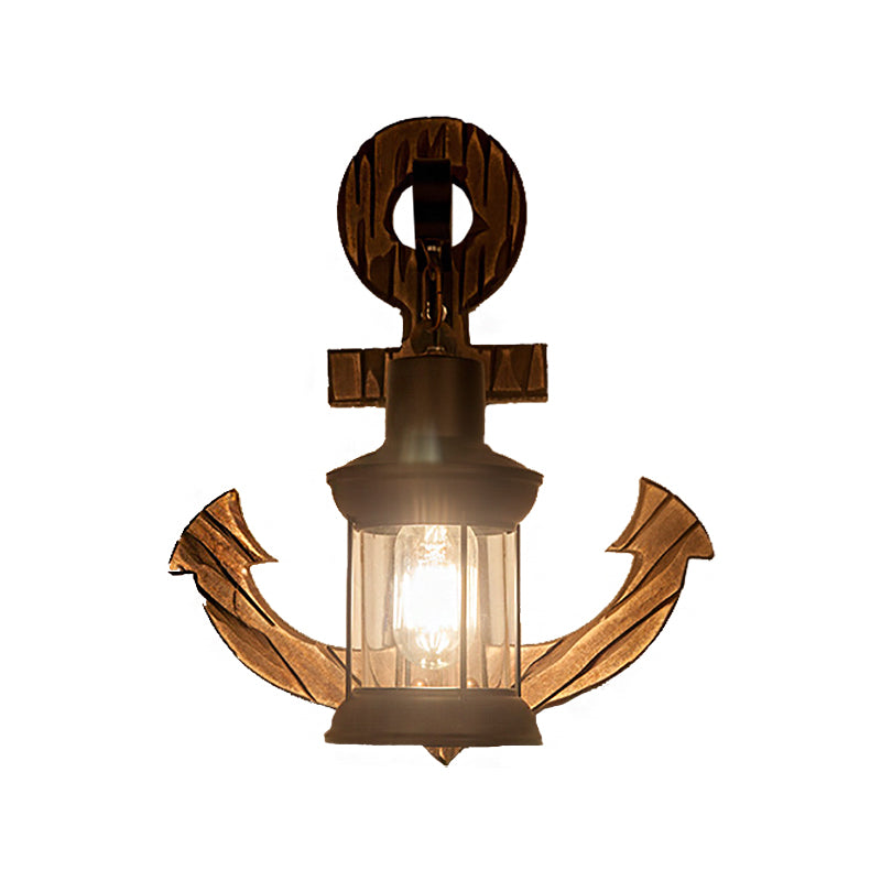 Coastal Black Kerosene Indoor Sconce With Clear Glass And Wooden Backplate - One Bulb Wall Lighting