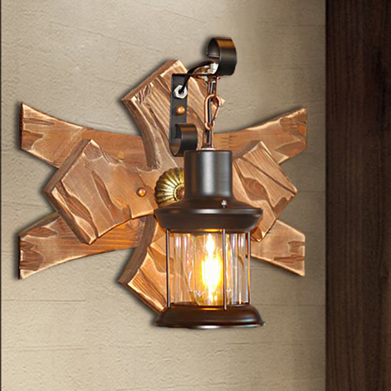 Clear Glass/Marble Lantern Sconce Light: Industrial Wall Lighting For Living Room Bronze Finish