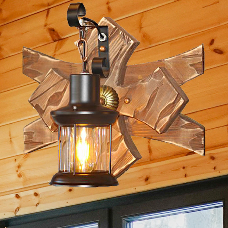 Clear Glass/Marble Lantern Sconce Light: Industrial Wall Lighting For Living Room Bronze Finish /
