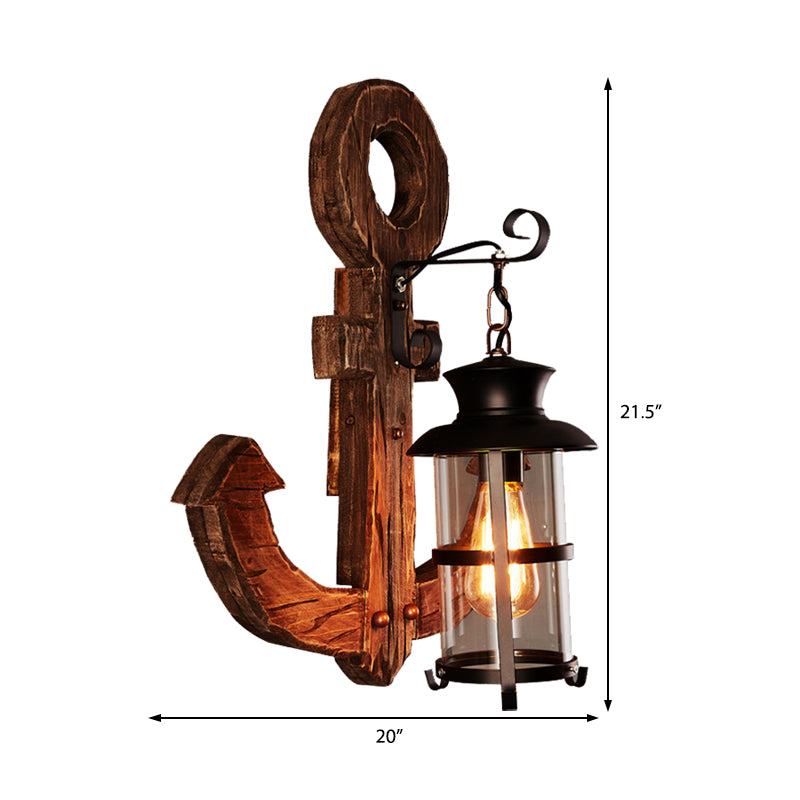 Industrial Bronze Wall Sconce With Clear Glass Cylinder And Wooden Anchor Backplate