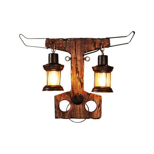 Black Rustic Lantern Sconce Light Fixture With Clear Glass - 2-Light Wall Lamp Wooden Backplate