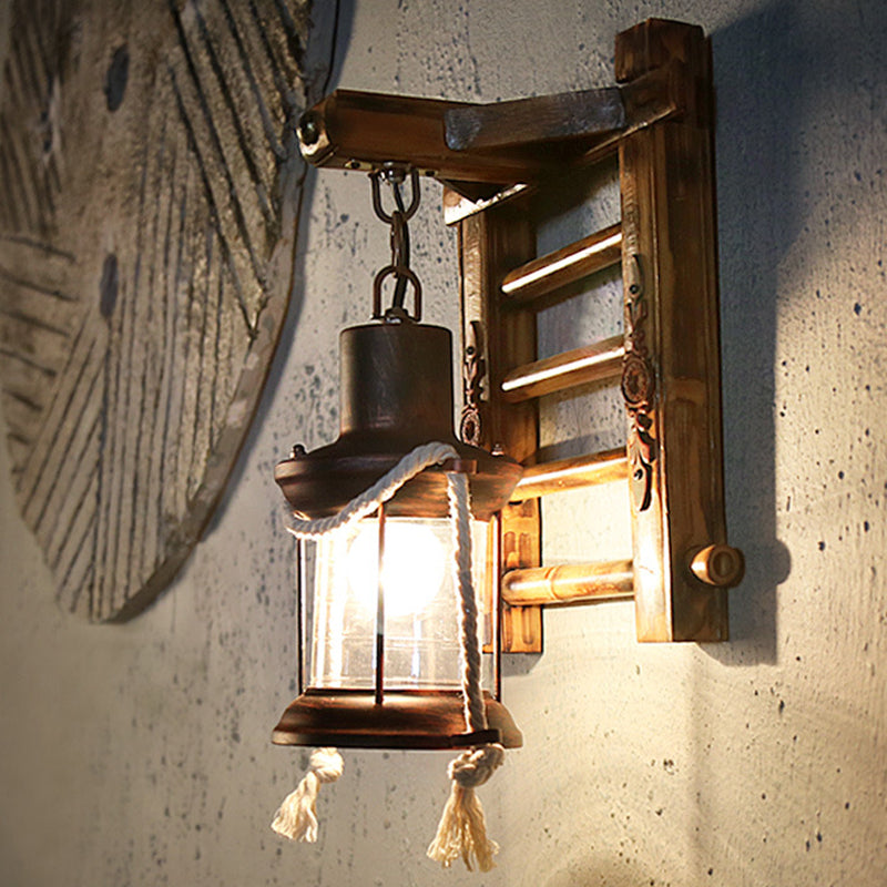 Vintage Bronze Kerosene Wall Lamp With Clear Glass Sconce For Indoor - Bamboo Backplate 1 Light