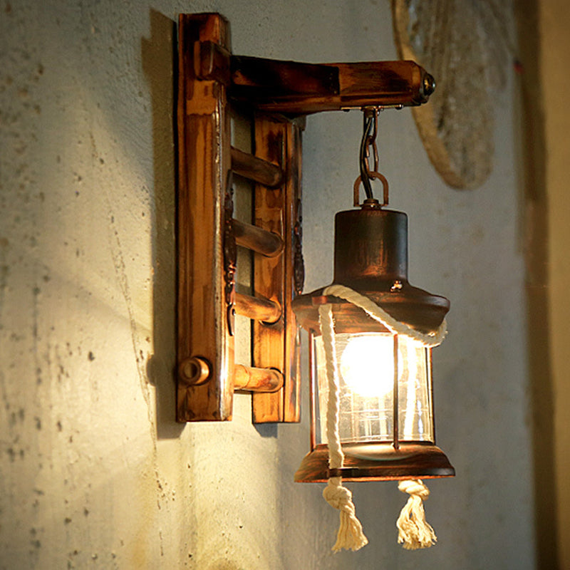 Vintage Bronze Kerosene Wall Lamp With Clear Glass Sconce For Indoor - Bamboo Backplate 1 Light