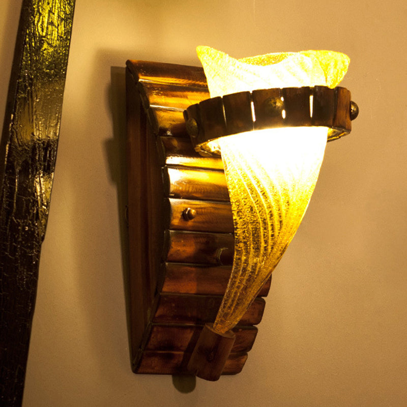 Yellow Textured Glass Wall Sconce Lighting Fixture: Rustic Indoor One-Bulb Floral Design In Bronze