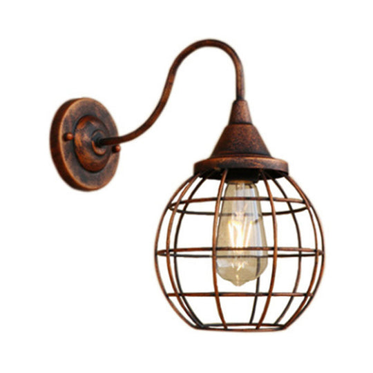Antique Globe Cage Wall Mount Light - Single-Bulb Iron Fixture For Restaurants