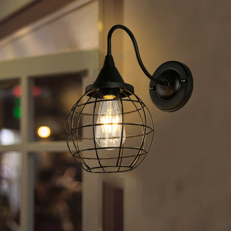Antique Globe Cage Wall Mount Light - Single-Bulb Iron Fixture For Restaurants Black