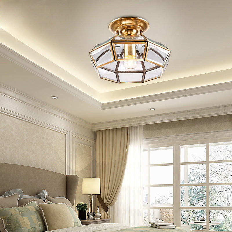 Brass Semi Flush Mount Clear Glass Ceiling Light For Living Room