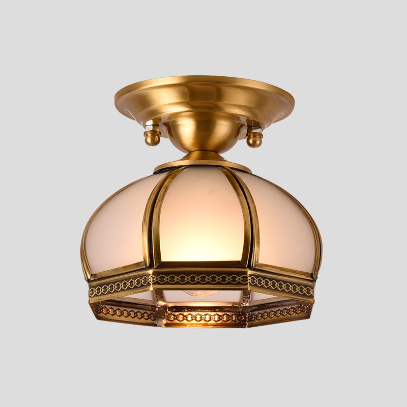 Dome Shaped Metallic Gold Semi Flush Mount With Opal Glass Shade For Dining Room