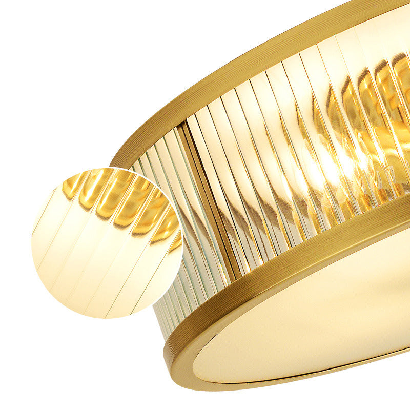 Minimalist Gold Drum Flush Mount Ceiling Light With Ribbed Glass - 4 Heads Ideal For Bedrooms