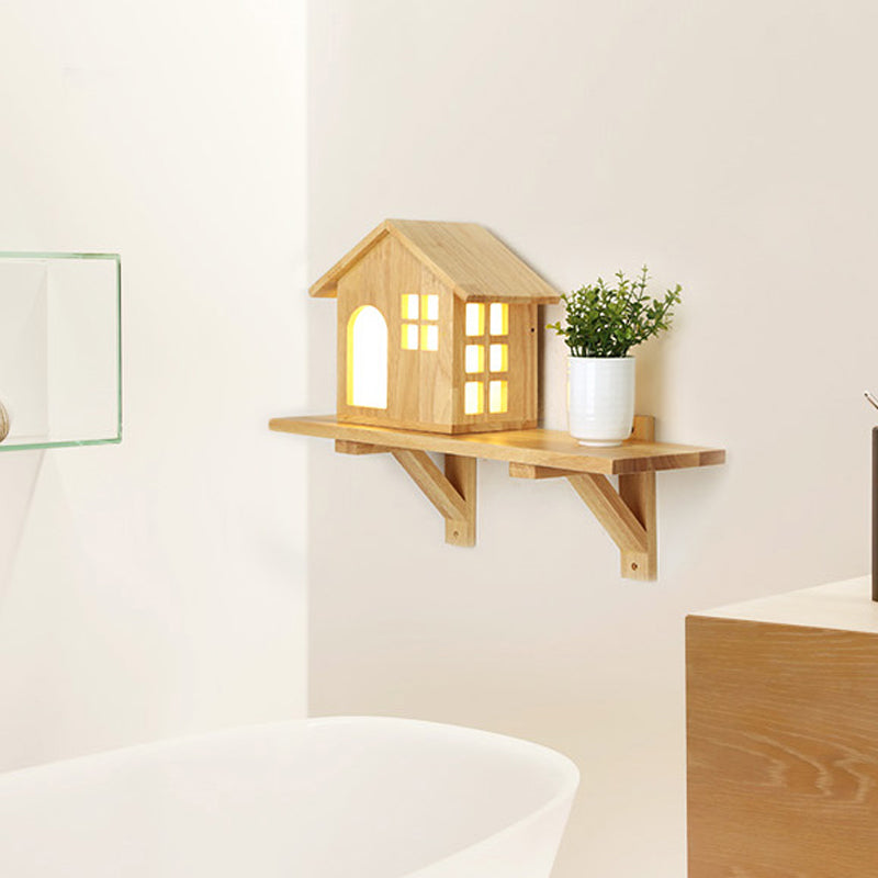 Cozy Wooden Led Wall Lamp With Shelf - Lovely Little House Style For Living Room Decor In Beige