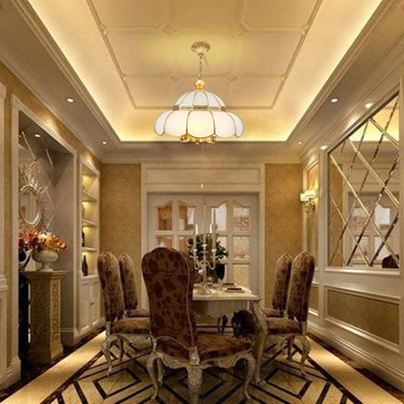 Traditional Gold Scalloped Corridor Chandelier Light - 6 Bulbs Cream Glass Suspension With Pull