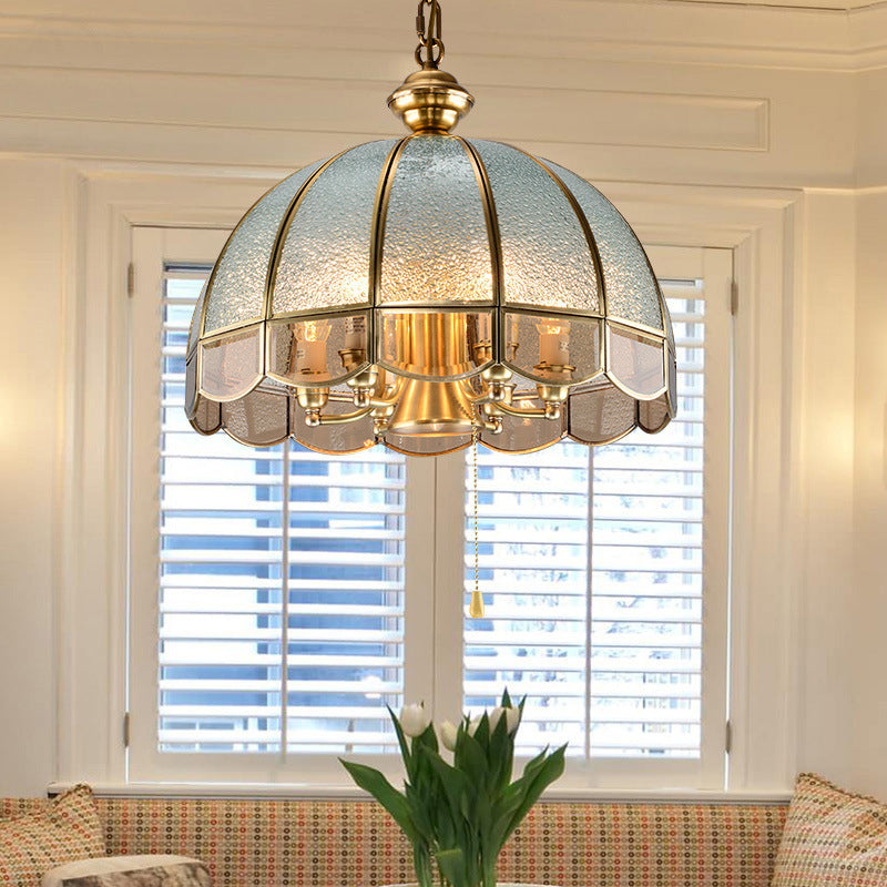Vintage Gold Glass Pendant Light With Pull Chain For Study Rooms - Hemisphere Chandelier Scalloped