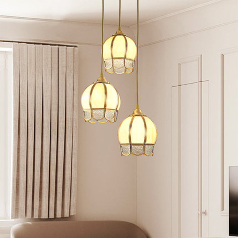 Simplicity Gold Ripple Glass Multi Ceiling Lamp With 3 Dome-Shaped Heads - Stylish Suspension Light