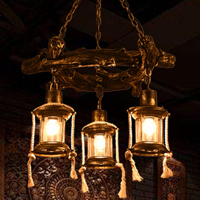 Coastal Bronze Chandelier Light Fixture with Clear Glass, 3 Lights and Kerosene Pendant Lamp