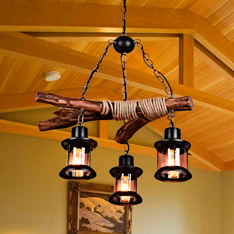 Coastal Style Lantern Ceiling Light With Clear Glass 3 Lights Black Finish Chain And Wood