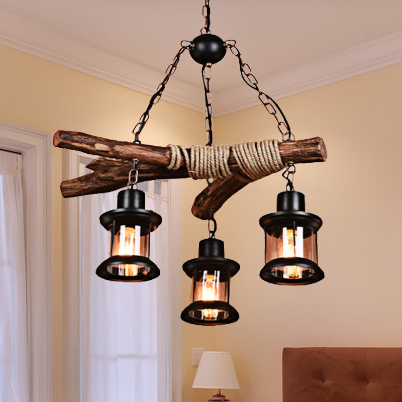 Coastal Lantern Chandelier with Clear Glass, 3 Lights, Black Finish, Chain & Wood