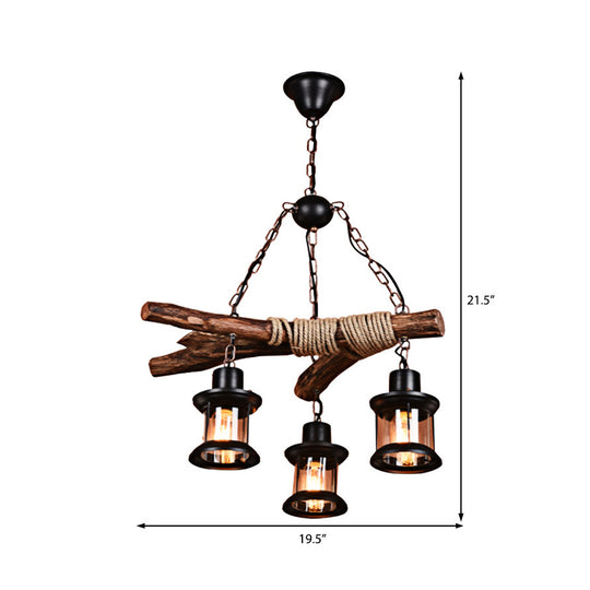 Coastal Style Lantern Ceiling Light With Clear Glass 3 Lights Black Finish Chain And Wood