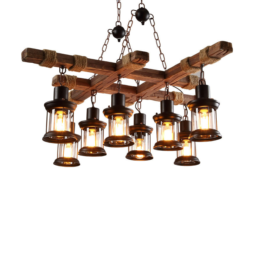 Vintage Style Black Lantern Chandelier with Clear Glass and Wood Frame - Ideal for Coffee Shops