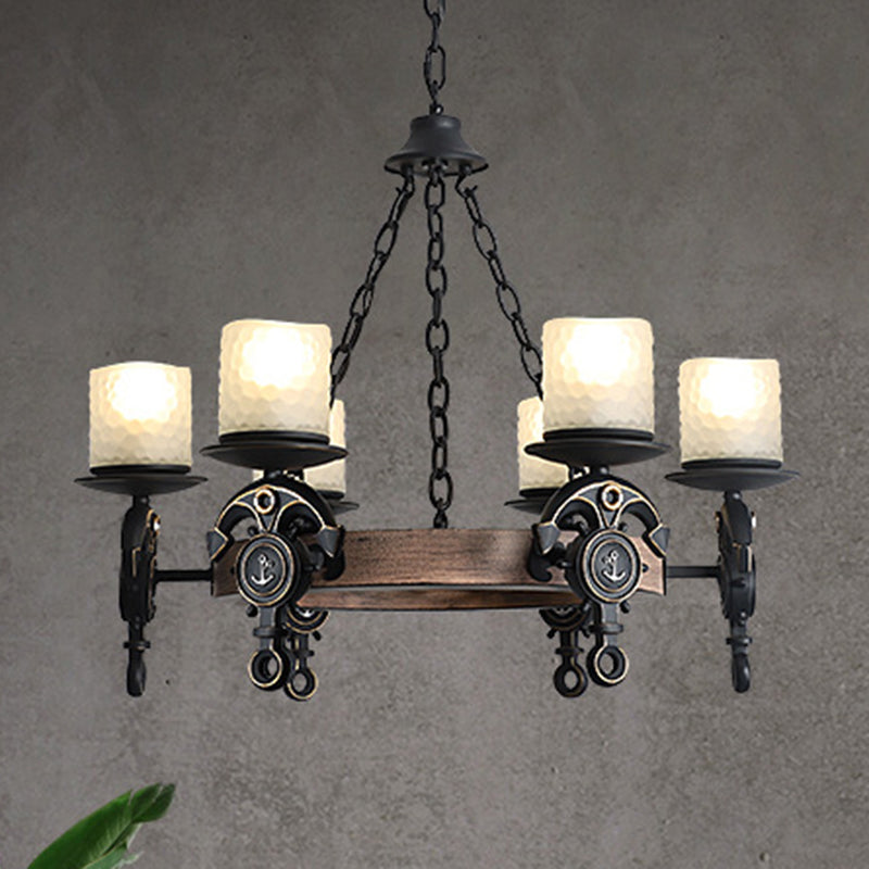 Coastal Wagon Wheel Chandelier With Frosted Texture Glass - 6-Light Pendant For Corridors Black