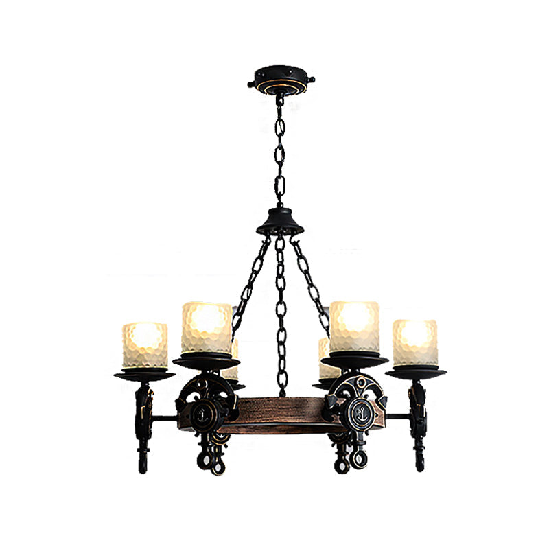 Coastal Wagon Wheel Chandelier With Frosted Texture Glass - 6-Light Pendant For Corridors