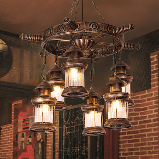 Industrial Antique Brass Wagon Wheel Chandelier- 6-Light Clear Glass Pendant For Dining Room Brass