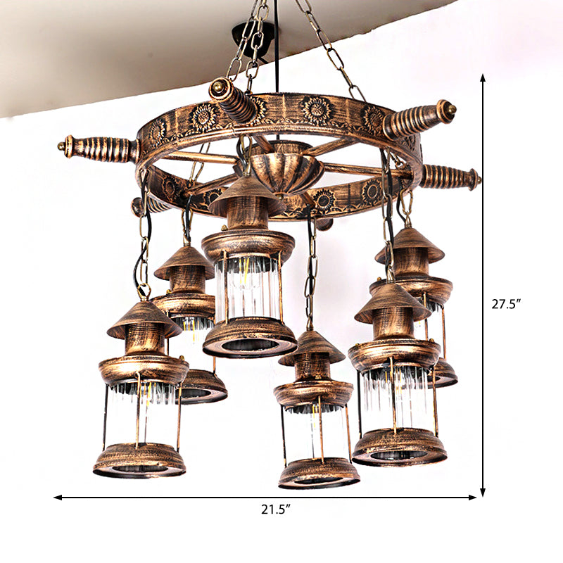 Industrial Antique Brass Wagon Wheel Chandelier- 6-Light Clear Glass Pendant For Dining Room