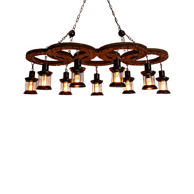 Coastal Lantern Chandelier: Clear Glass Lighting Pendant with Black Finish and Wooden Shelf