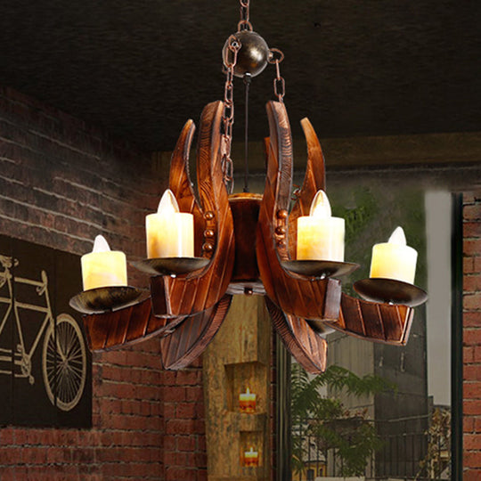 Rustic Cylinder Pendant Chandelier: Marble 4 Lights Brown With Wood Accents