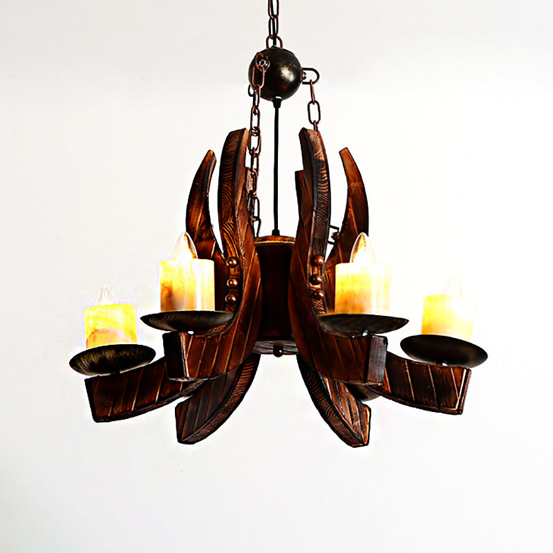 Rustic Cylinder Pendant Chandelier: Marble 4 Lights Brown With Wood Accents
