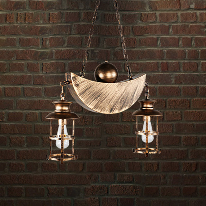 Retro Industrial Caged Pendant Chandelier - Metal 2 Lights Gold/Silver Hanging Fixture For Living